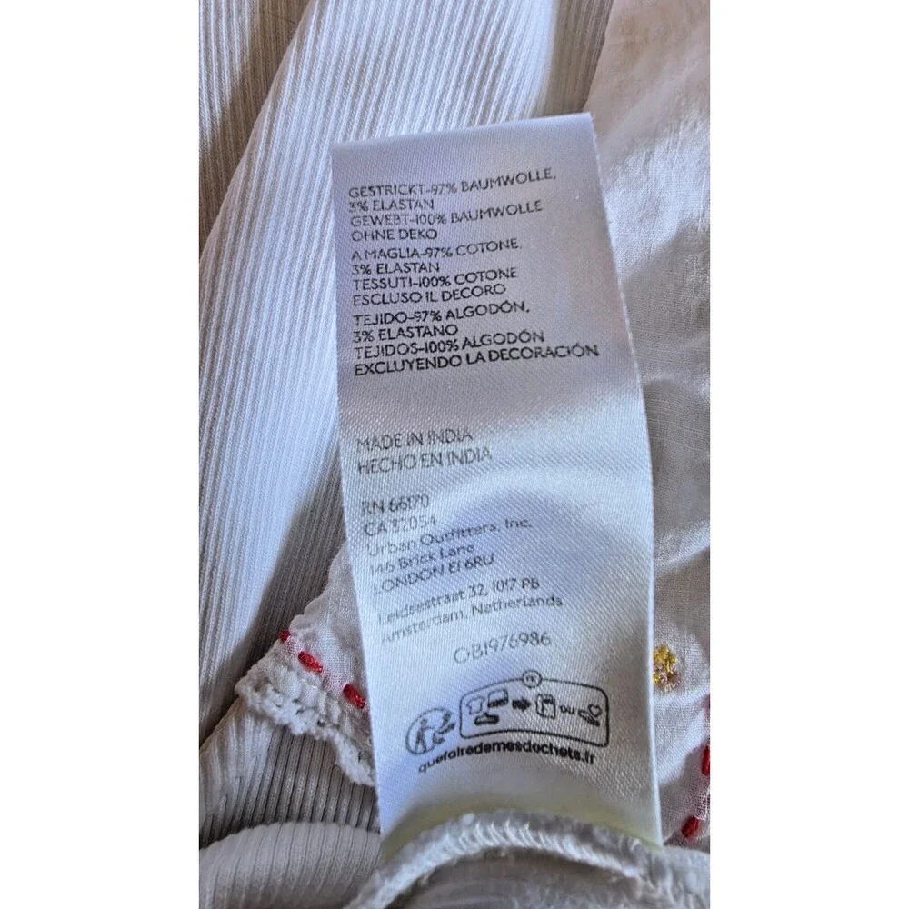 Anthropologie Floral Embroidered Collar Puff Sleeve Boho White Top Sz S